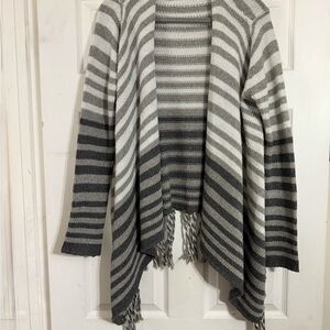 Vertigo Striped Gray Sweater Fringed Open Front Poncho